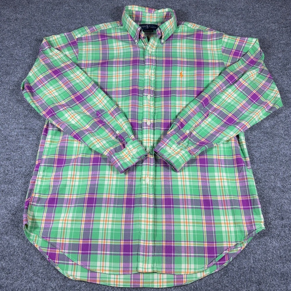 Ralph Lauren Classic Fit Plaid Button Down Shirt Mens Large Green Purple Cotton